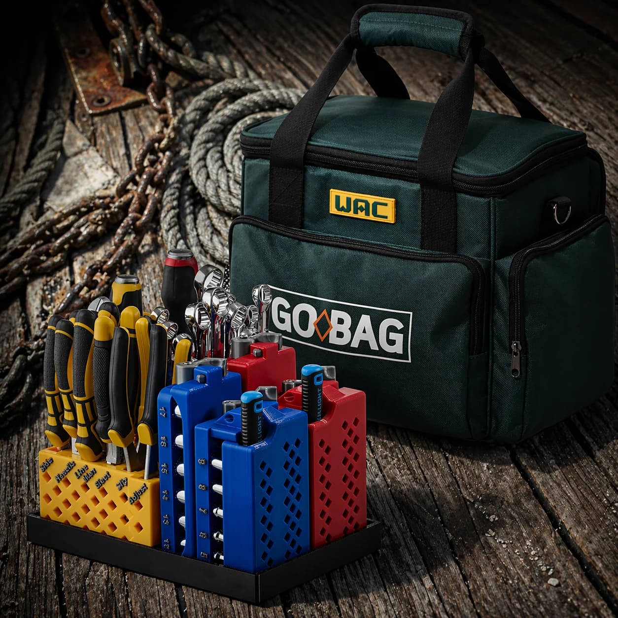 WAC Go Bag with organized tools on a boat