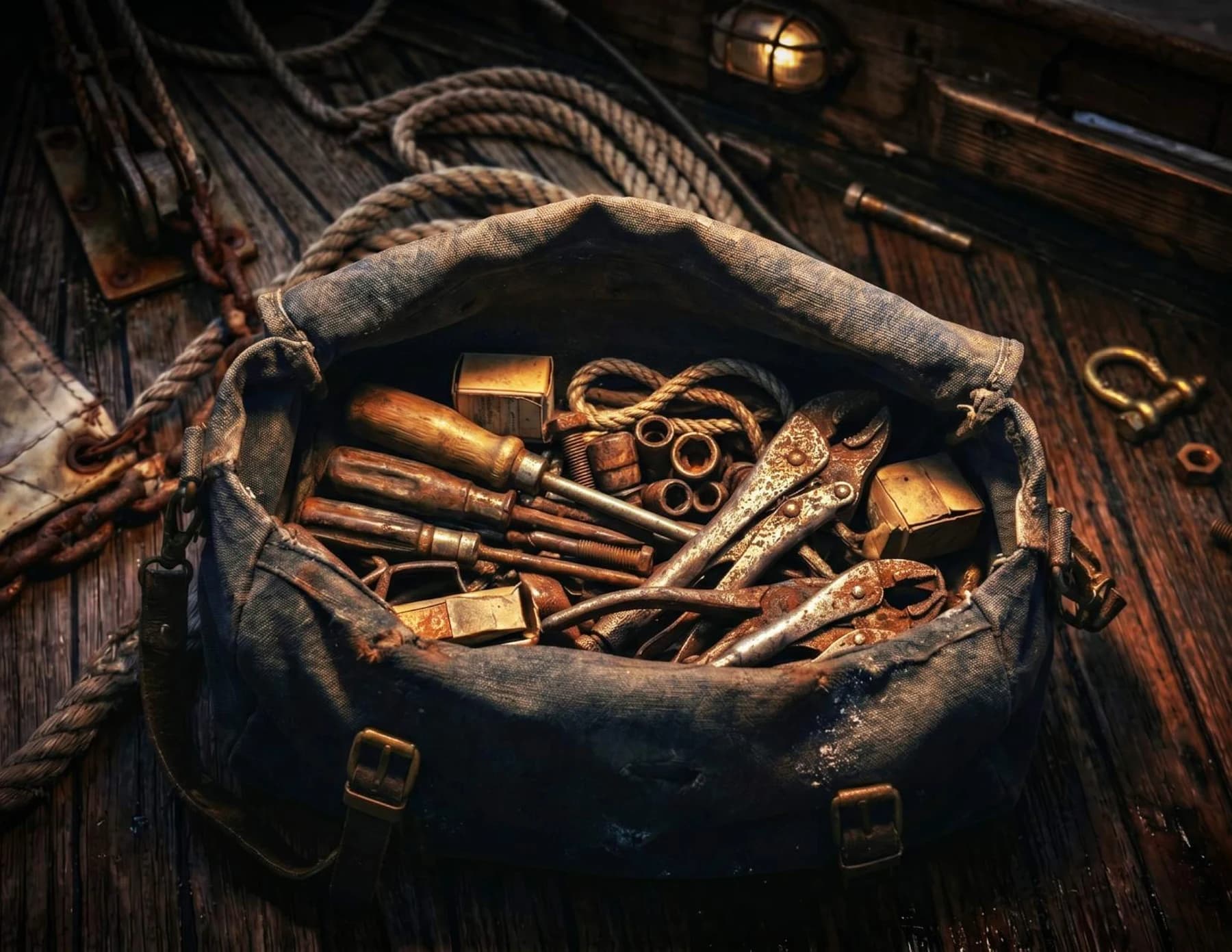 Old rusty tools in a bag on a boat